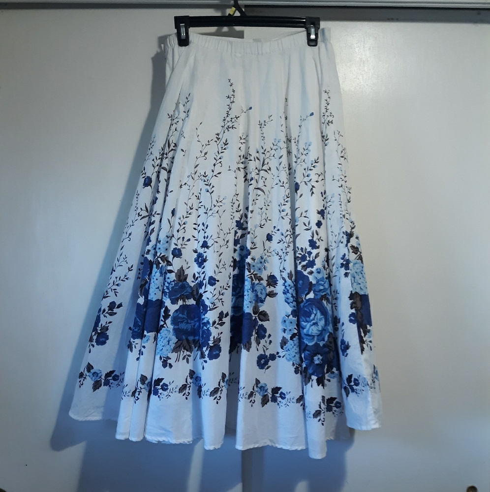 Long blue and white floral skirt
